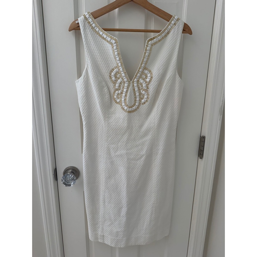 Lilly Pulitzer Janice Shift Dress White 8 Beaded Cotton Sleeveless NWT FLAWS
